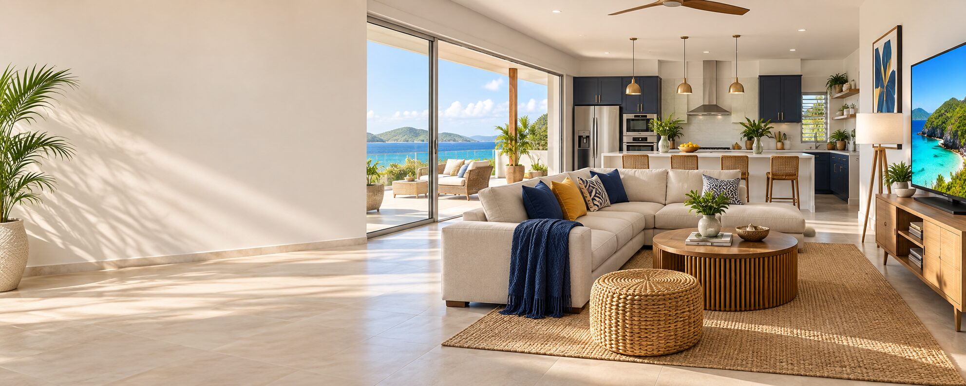 Modern home furnished with furniture, appliances and a television