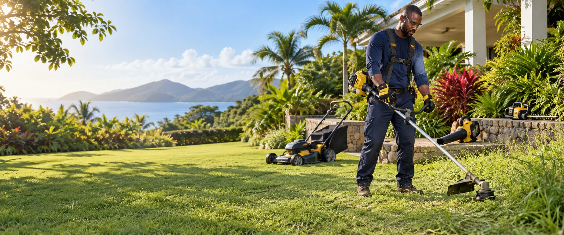 Outdoor lawn care equipment being used safely